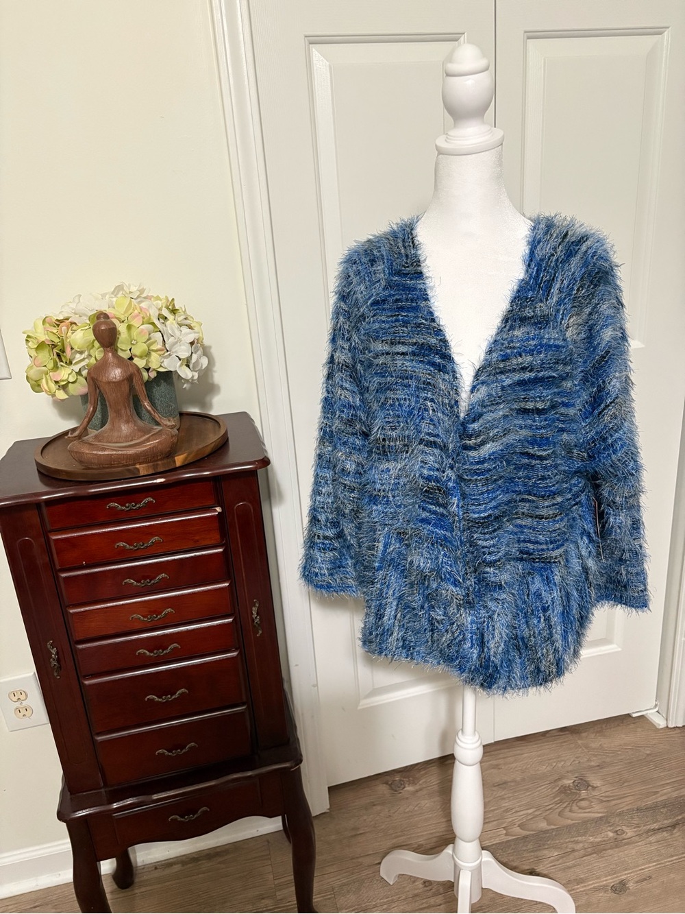 Jennifer Lopez Blue Fuzzy Faux Wrap Sweater